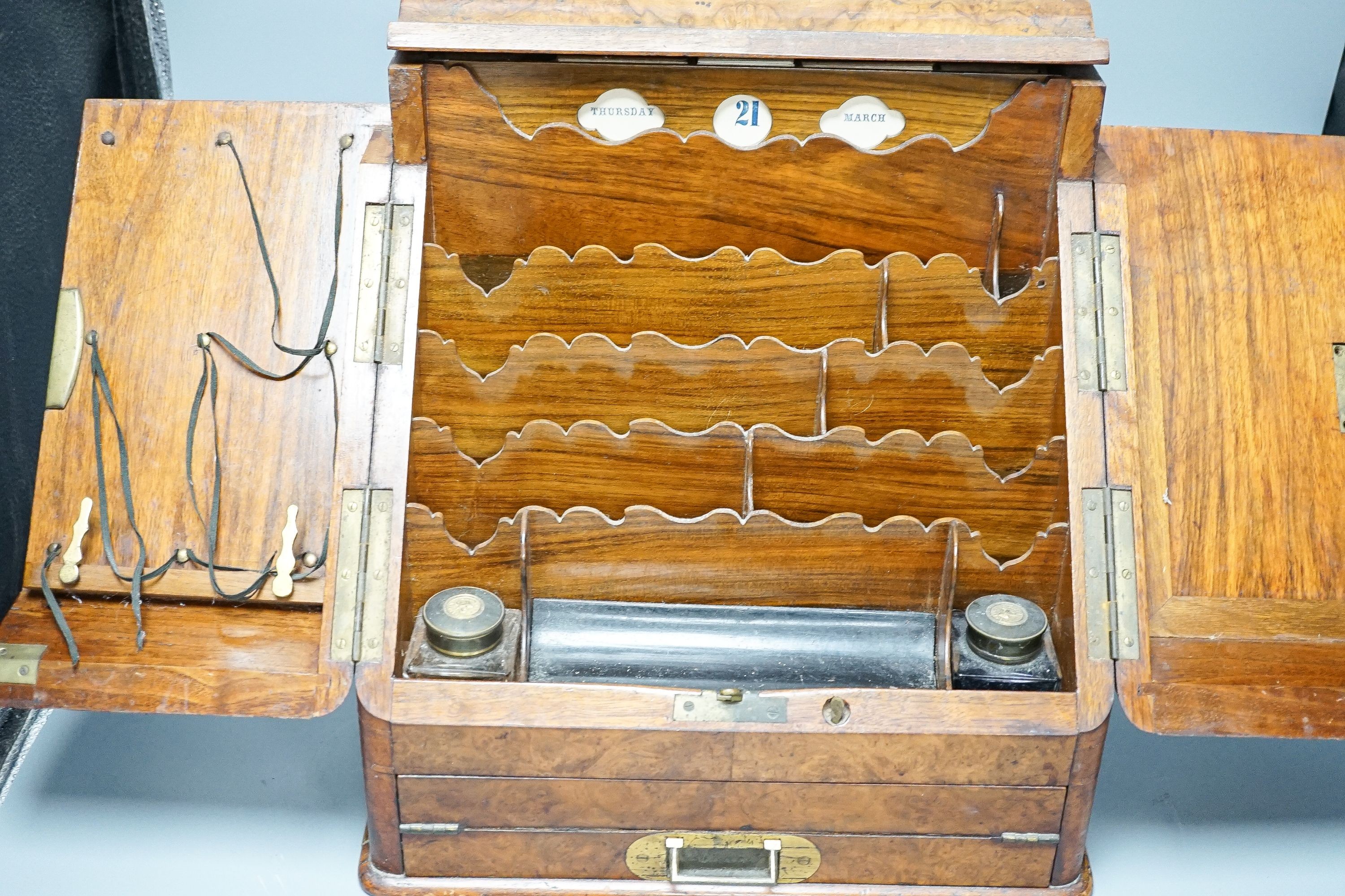 A Victorian burr walnut stationary casket, with calendar, 35cm